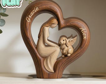 Bunny Memorial Wooden Heart Block, Rabbit Loss Remembrance Decor, Personalized Bunny Angel Tribute, Pet Rabbit Sympathy Gift