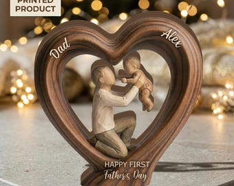 Personalized Dad and Baby 2D FLAT Wooden Block, First Father’s Day Gift, Custom Name Family Keepsake, Heart Frame Father Decor