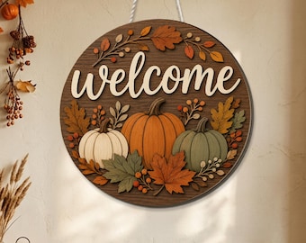 Autumn Welcome Wooden Door Sign, 3D Layered Pumpkin Fall Door Hanger, Rustic Farmhouse Porch Decor, Thanksgiving Decor