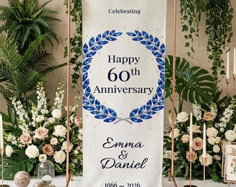 Personalized 60th Anniversary Banner,Diamond Anniversary Decor,Custom Couple Name Banner,Elegant Wedding Anniversary Party Sign