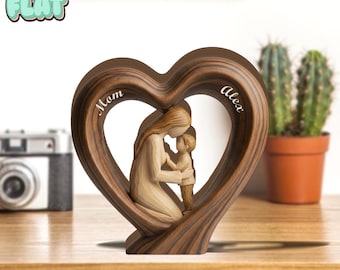 Personalized Mom and Son 2D FLAT Wooden Heart Block, Custom Name Family Keepsake Decor, Rustic Wood Table Sign, Mothers Day Gift for Mom