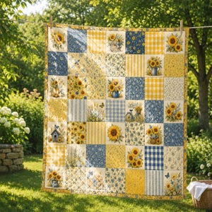 May include: A patchwork quilt featuring a grid of squares with yellow and blue color schemes. Patterns include sunflowers in vases, yellow and white gingham, blue and white stripes, small floral prints, a bicycle, a birdhouse, and butterflies.