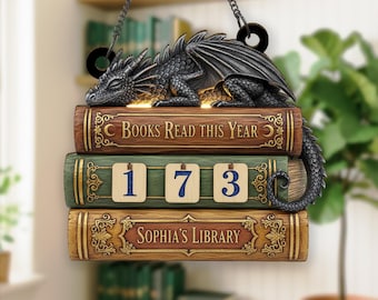 Rastreador personalizado de libros de dragones leídos este año, letrero para pila de libros de fantasía con fichas numeradas, decoración personalizada para biblioteca, regalo para lectores