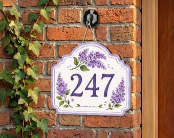 Personalized Lavender House Number Sign, Custom Wooden Address Sign, Purple Floral Door Plaque, Cottage Outdoor Home Decor Gift