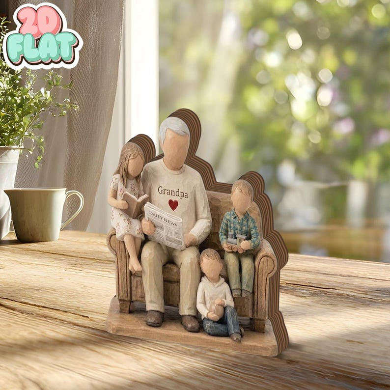 Custom Grandpa and Grandkids 2D FLAT Wooden Block, Personalized Grandpa Gift, Grandpa with Grandchildren Wooden Sculpture, Family Keepsake