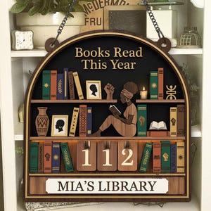 Books Read This Year Tracker Sign, African Reader Gift, Black Woman Reading Decor, Personalized Library Bookshelf Wall Art