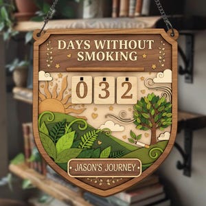 Könnte beinhalten: Holzschild mit der Aufschrift "DAYS WITHOUT SMOKING" und einem Zähler, der "032" anzeigt. Das Schild hat ein mehrschichtiges Landschaftsdesign mit Sonne, Baum und Hügeln. Der Text "JASON'S JOURNEY" befindet sich unten, in einem Holzrahmen.