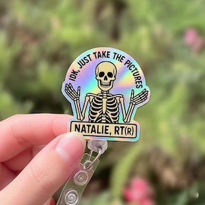 Bobine d&#39;insigne holographique faux squelette drôle, support pour carte d&#39;identité de radiologie, clip pour étiquette de nom technique radiologique, bobine holographique médicale, cadeau RT pour professionnel de la santé