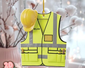 Personalized Construction Safety Vest 2D FLAT Ornament, Custom Hard Hat Worker Christmas Gift, Builder, Engineer, Contractor Holiday Decor
