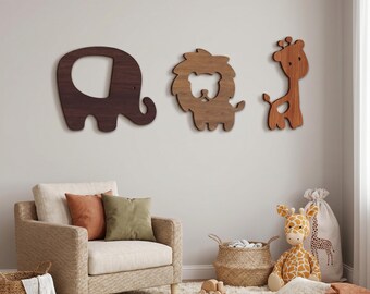 Neutral Nursery Wall Decor, Plywood Safari Animals, Elephant Lion Giraffe Wall Hanging