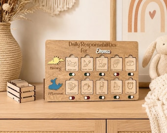 Personalized Plywood Kids Routine Chart, Daily Responsibility Chart, Montessori Chore Chart, Visual Schedule for Toddlers, Custom Task Board
