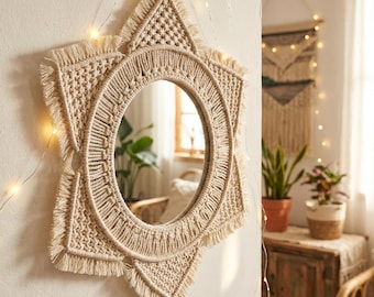 Macrame Wall Mirror, Boho Sunburst Mirror, Handmade Cotton Rope Mirror, Woven Wall Decor, Neutral Nursery Decor, Bohemian Bedroom Mirror