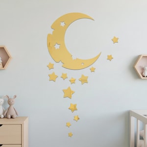 Moon Wall Decor with Stars, Acrylic Mirror Moon, Baby Room Decor, Kids Room Wall Decoration, Celestial Nursery Decor, Moon and Stars