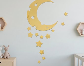 Moon Wall Decor with Stars, Acrylic Mirror Moon, Baby Room Decor, Kids Room Wall Decoration, Celestial Nursery Decor, Moon and Stars
