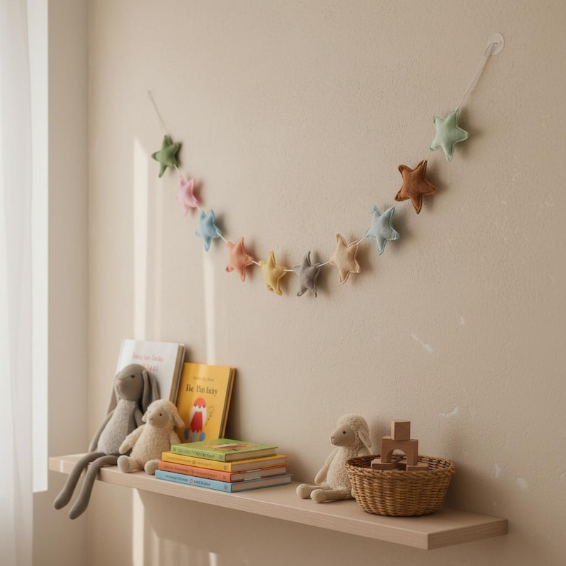 Colorful felt star garland for nursery wall decor with pastel rainbow stars hanging on string, baby room decoration above crib or shelf, soft Montessori nursery decor perfect for kids room and baby shower gift.