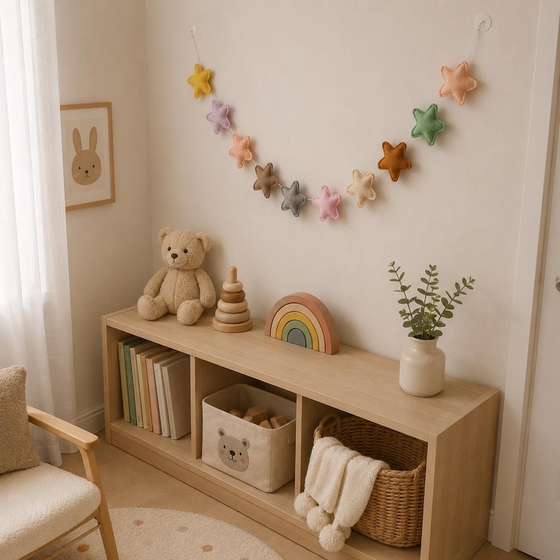 Colorful felt star garland for nursery wall decor with pastel rainbow stars hanging on string, baby room decoration above crib or shelf, soft Montessori nursery decor perfect for kids room and baby shower gift.