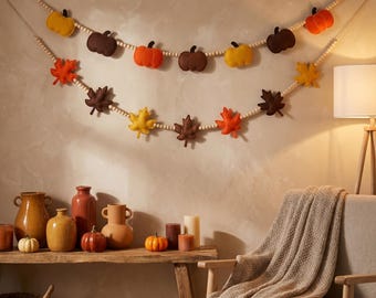 Felt Pumpkin Garland, Autumn Leaf Garland, Thanksgiving Decor, Rustic Farmhouse Mantel Decor, Fall Banner