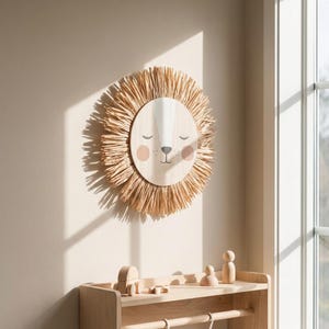 Natural safari nursery wall decor featuring handmade lion and tiger designs with wooden faces and textured fiber details, perfect for boho baby room, neutral nursery styling, and kids room wall art