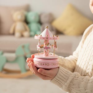 Może przedstawiać: Różowa i biała pozytywka w kształcie karuzeli ze złotymi akcentami. Karuzela ma miniaturowe konie i pasiasty dach. Podstawa jest ozdobiona sercami i gwiazdami. Pozytywka jest trzymana w dłoniach.