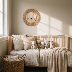 Natural safari nursery wall decor featuring handmade lion and tiger designs with wooden faces and textured fiber details, perfect for boho baby room, neutral nursery styling, and kids room wall art