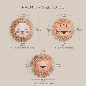 Natural safari nursery wall decor featuring handmade lion and tiger designs with wooden faces and textured fiber details, perfect for boho baby room, neutral nursery styling, and kids room wall art