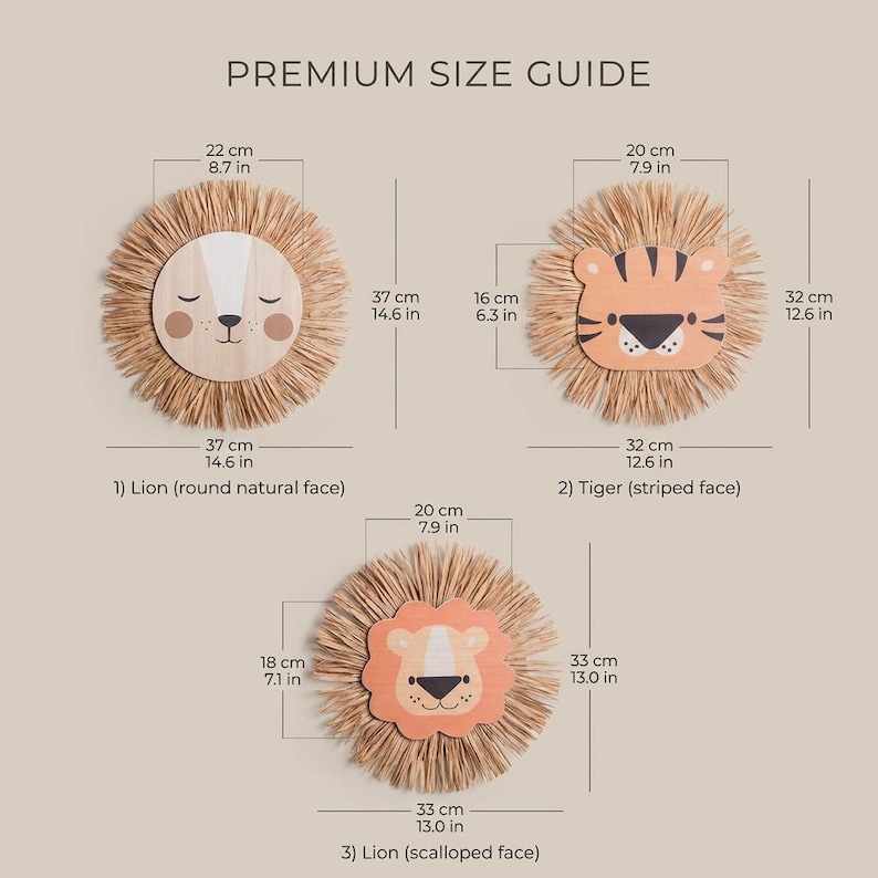 Natural safari nursery wall decor featuring handmade lion and tiger designs with wooden faces and textured fiber details, perfect for boho baby room, neutral nursery styling, and kids room wall art