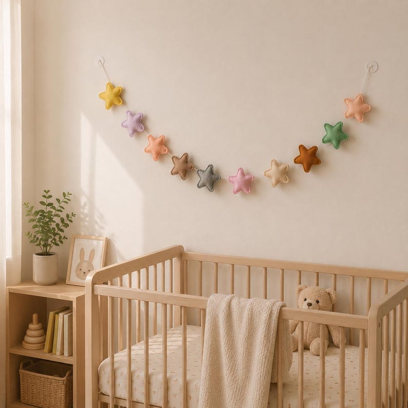 Colorful felt star garland for nursery wall decor with pastel rainbow stars hanging on string, baby room decoration above crib or shelf, soft Montessori nursery decor perfect for kids room and baby shower gift.
