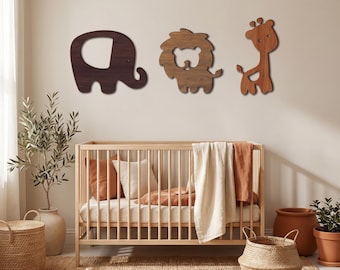 Safari Nursery Wall Decor Set, Wooden Lion Elephant Giraffe Wall Art, Baby Room Decor, Minimalist Kids Room, Jungle Animals