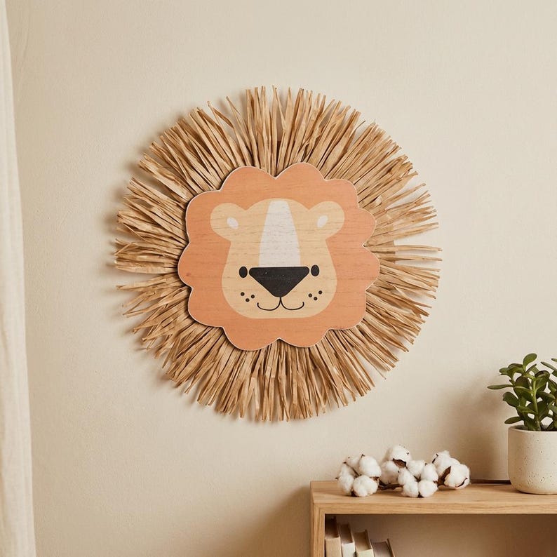 Natural safari nursery wall decor featuring handmade lion and tiger designs with wooden faces and textured fiber details, perfect for boho baby room, neutral nursery styling, and kids room wall art