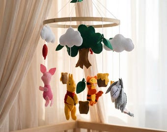 Winnie Baby Mobile, Felt Crib Mobile, Neutral Nursery Decor, Woodland Baby Mobile, Baby Shower Gift, Handmade Mobile