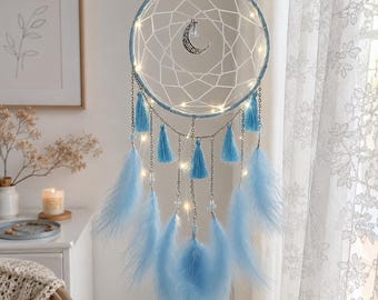 Boho Dream Catcher Wall Hanging, Moon Dreamcatcher with Crystal, LED Fairy Lights Option, Feather Decor for Bedroom