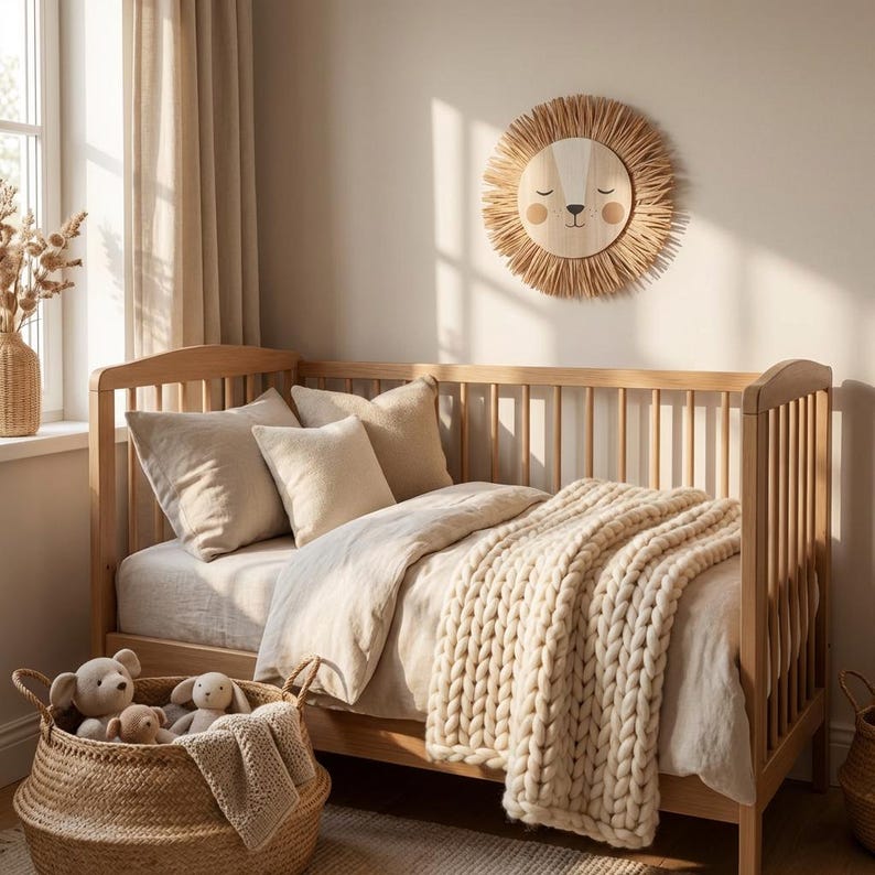Natural safari nursery wall decor featuring handmade lion and tiger designs with wooden faces and textured fiber details, perfect for boho baby room, neutral nursery styling, and kids room wall art