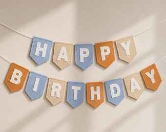 Happy Birthday Felt Banner, Birthday Party Decor, Blue Felt Bunting, Kids Birthday Garland, Party Wall Decor