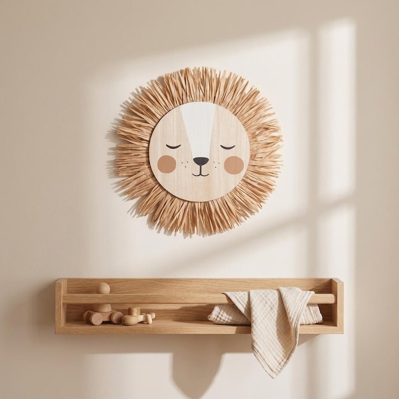 Natural safari nursery wall decor featuring handmade lion and tiger designs with wooden faces and textured fiber details, perfect for boho baby room, neutral nursery styling, and kids room wall art