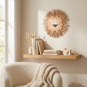Natural safari nursery wall decor featuring handmade lion and tiger designs with wooden faces and textured fiber details, perfect for boho baby room, neutral nursery styling, and kids room wall art