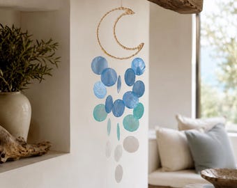 Handmade Capiz Shell Moon Wind Chime, Coastal Boho Window Decor