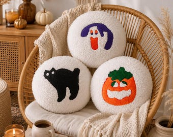 Halloween Sherpa Pillow, Ghost Cat Pumpkin Cushion, Spooky Seasonal Decor