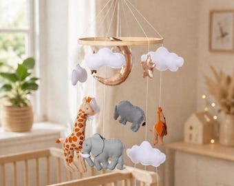 Safari Baby Mobile, Giraffe Elephant Nursery Mobile, Neutral Crib Mobile, Handmade Felt Baby Mobile, Jungle Nursery Decor, Baby Shower Gift