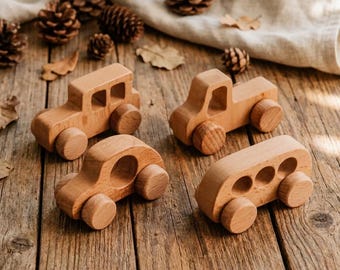 Wooden Toy Cars, Natural Wood Vehicle Set, Montessori Toy Cars, Car Minibus Truck, Waldorf Toddler Toy