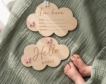 Baby Birth Announcement Plaque, Wooden Baby Name Sign, Newborn Milestone Disc, Hello World Nursery Decor, Baby Shower Gift