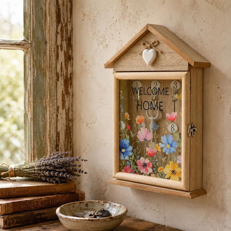 Wooden Key Holder Wall Cabinet, Decorative Key Box, Rustic Key ...