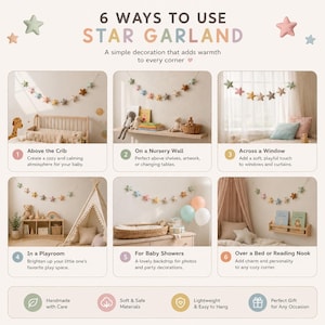 Colorful felt star garland for nursery wall decor with pastel rainbow stars hanging on string, baby room decoration above crib or shelf, soft Montessori nursery decor perfect for kids room and baby shower gift.