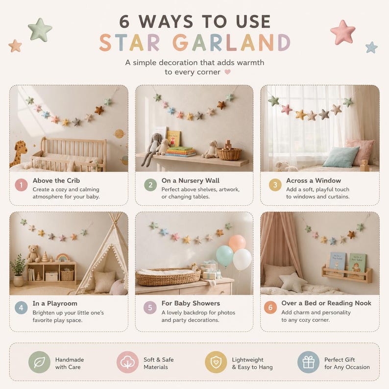 Colorful felt star garland for nursery wall decor with pastel rainbow stars hanging on string, baby room decoration above crib or shelf, soft Montessori nursery decor perfect for kids room and baby shower gift.