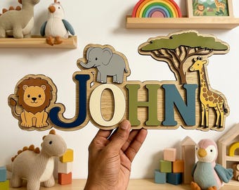 Safari Animal Name Sign, Personalized Nursery Name Sign, Jungle Nursery Wall Art, Kids Room Name Plaque, Plywood Name Sign