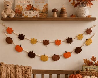Felt Pumpkin Leaf Garland, Rustic Autumn Thanksgiving Decor, Farmhouse Mantel Banner