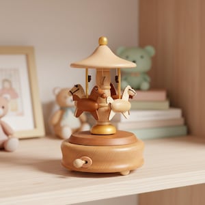 Może przedstawiać: Drewniana pozytywka w kształcie karuzeli z trzema końmi w odcieniach brązu i kremu. Karuzela ma jasne drewniane wykończenie, złotą podstawę i mały dach. Pozytywka stoi na drewnianej półce. Karuzela ma około 15 cm wysokości.