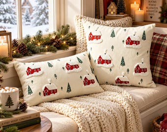 Christmas Pillow Cover, Embroidered Holiday Cushion Cover, Red Cabin Winter Home Decor
