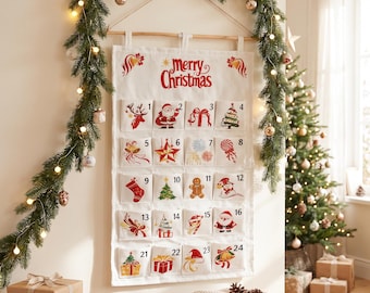 Christmas Advent Calendar, Fabric Wall Hanging with 24 Pockets, Reusable Holiday Countdown