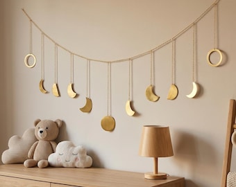 Star Nursery Wall Garland, Gold Celestial Nursery Decor, Baby Room Wall Hanging, Moon Phase Garland, Neutral Wooden Nursery Decor