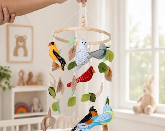 Felt Bird Leaves Baby Mobile, Woodland Nursery Crib Decor